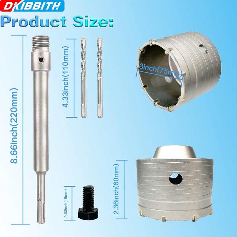 DKIBBITH 3" Concrete Hole Saw, 75mm Tungsten Steel Core Bit for Cinder Block, Brick, Rock, Plank Walls for Pipes or mini Split Lines, with SDS Plus Shank and 2 Center Positioning Drill Bits. - Image 2